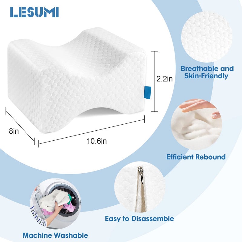 LESUMI Memory Foam Knee Pillow  Sleeping Leg Pillow  for Side Sleepers & Pregnant Women - for Spinal Alignment  Relief Sciatica  Knee  Back  Leg & Hip Pain  with Washable Cover & Travel Bag  White - Image 2